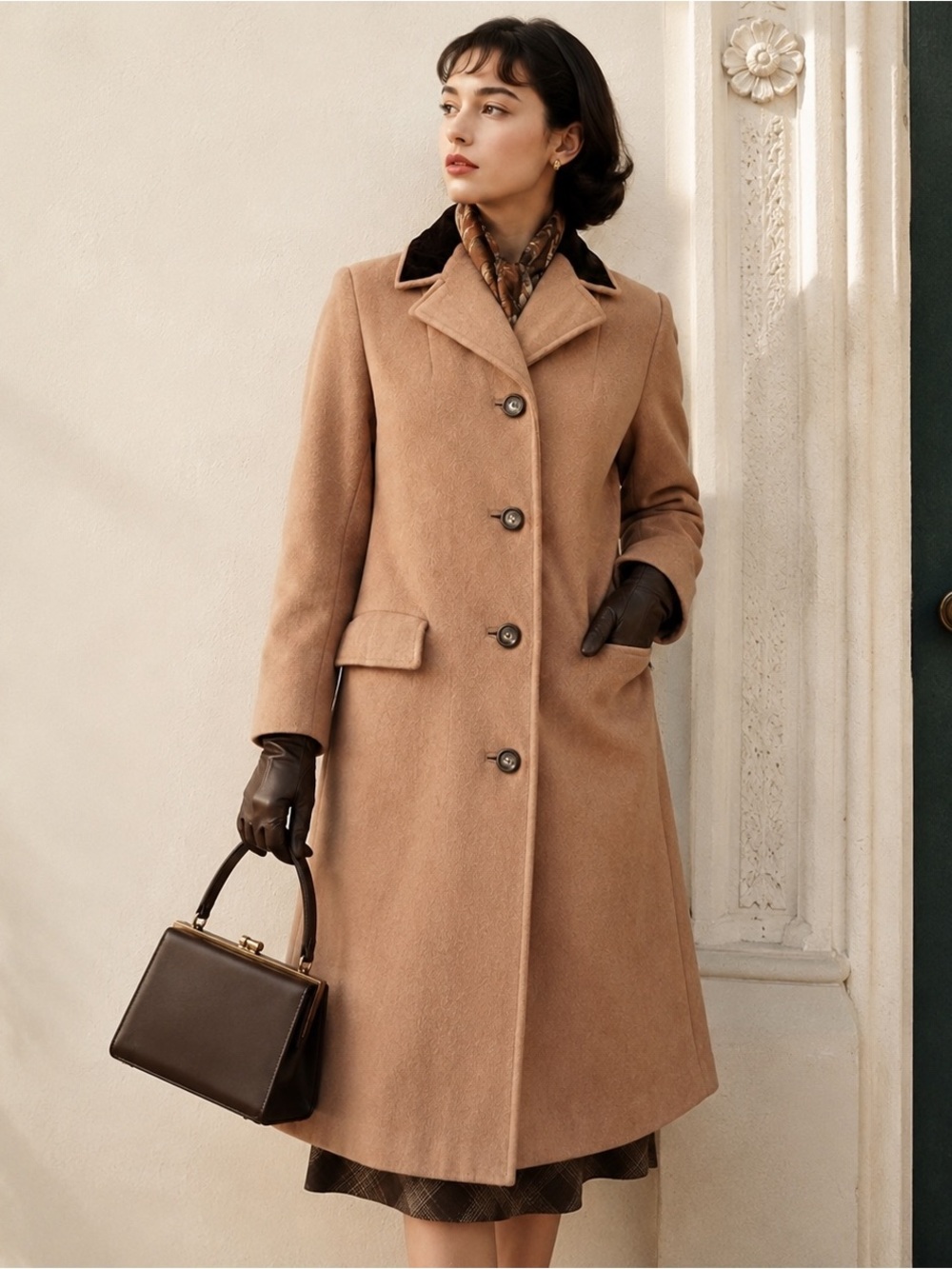VTG  40s 50s Camel Hair Wool Coat XS Velvet Collar Tan Schuster Womens Overcoat